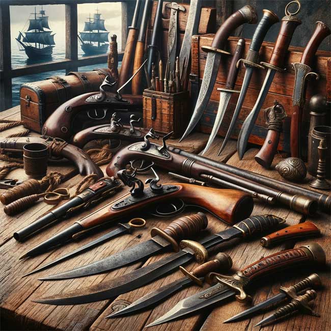 Armes de pirates : pistolets, poignards, couteaux, hache d'abordage, sabre, mousquet, pissoir