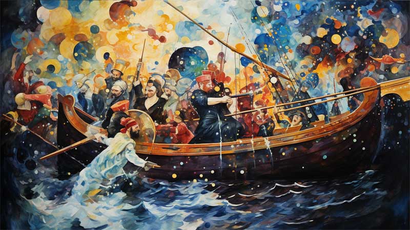 Combat au sabre entre pirates gnr par l'IA midjourney, style symbolisme de Gustav Klimt