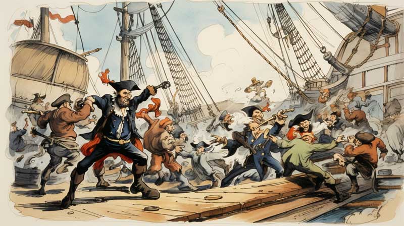 Combat au sabre entre pirates gnr par l'IA midjourney, style Morris, auteur de Lucky Luke