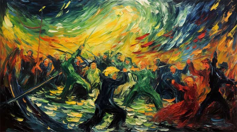 Combat au sabre entre pirates gnr par l'IA midjourney, style impressionnisme de Vincent Van Gogh
