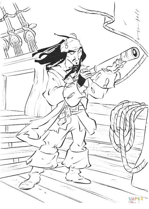 Jack Sparrow sur le pont du Pearl à colorier - Coloriages de pirates à imprimer