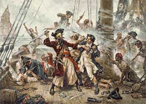 Le pirate Barbe-Noire en duel contre le lieutenant Maynard de la Royal Navy