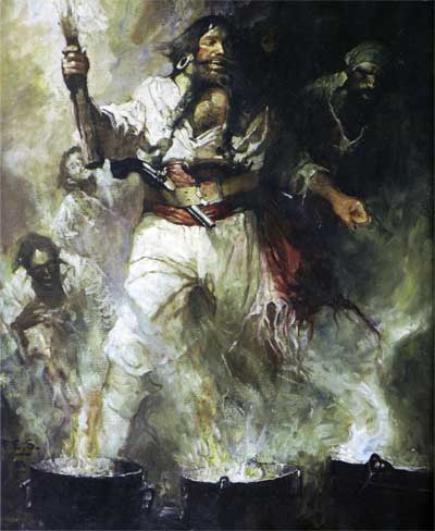 Barbe Noire dans la fumée et les flammes, peinture de Frank Earle Schoonover