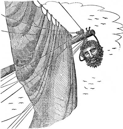 La tête décapitée de Barbe Noire, sur le beaupré du navire du Lieutenant Maynard