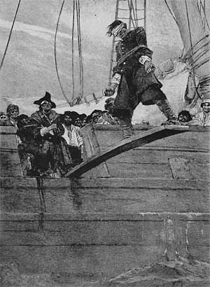 Comment s'appelle la méthode d'exécution infligée par les pirates sur les prisonniers dans le bateau lorsqu'ils les forcent à marcher sur une planche suspendue au-dessus de l'eau ?