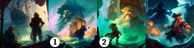 Scne de combat entre Guybrush Threepwood et le pirate LeChuck, issu de la saga Monkey Island de Ron Gilbert, illustrations cres avec l'IA Dall-E