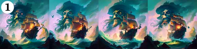 Variation de la scène de combat entre Guybrush Threepwood et le pirate LeChuck, issu de la saga Monkey Island de Ron Gilbert, illustrations créées avec l'IA Dall-E