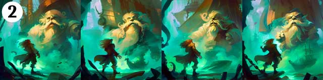 Variation #2 de la scne de combat entre Guybrush Threepwood et le pirate LeChuck, issu de la saga Monkey Island de Ron Gilbert, illustrations cres avec l'IA Dall-E