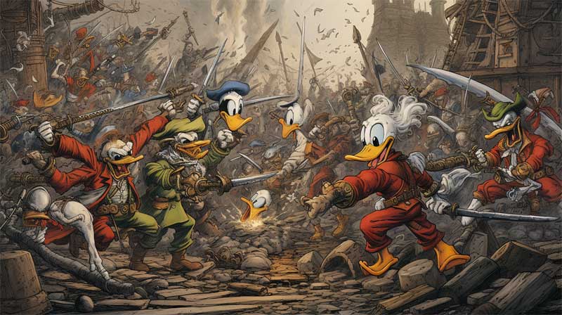 Combat au sabre entre pirates gnr par l'IA midjourney, style Don Rosa, auteur de Uncle Scrooge