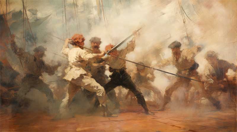 Combat au sabre entre pirates généré par l'IA midjourney, style symbolisme de Edgar Degas