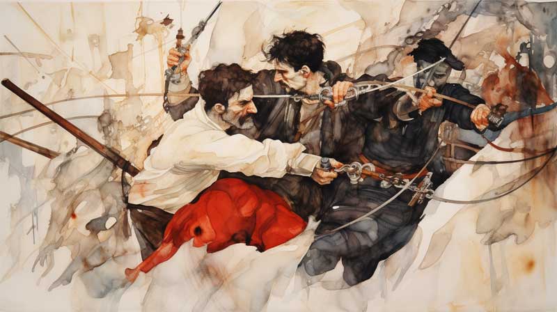 Combat au sabre entre pirates généré par l'IA midjourney, style expressionisme de Egon Schiele