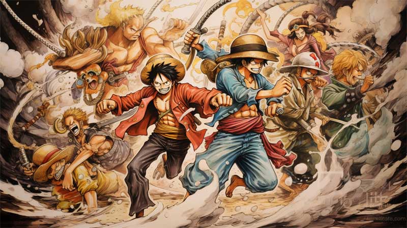 Combat au sabre entre pirates généré par l'IA midjourney, style Eiichiro Oda, auteur de One Piece