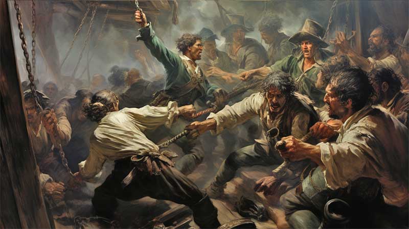 Combat au sabre entre pirates généré par l'IA midjourney, style romantisme de Eugène Delacroix