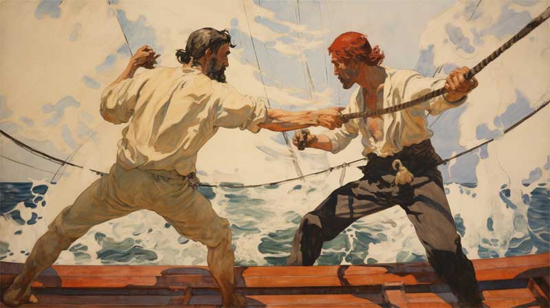 Combat au sabre entre pirates généré par l'IA midjourney, style symbolisme de Ferdinand Hodler