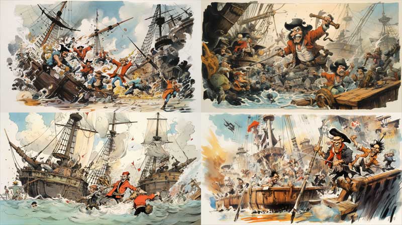 Combat au sabre entre pirates généré par l'IA midjourney, style Franquin, auteur de Gaston Lagaffe