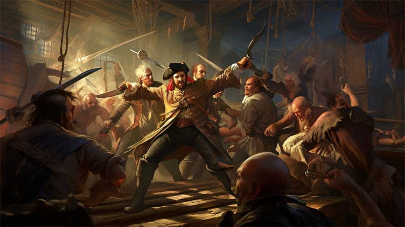 Combat au sabre entre pirates gnr par l'IA midjourney, style noclassique de Giovanni Battista Lampi