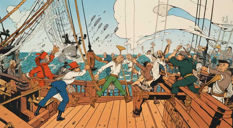 Combat au sabre entre pirates généré par l'IA midjourney, style Hergé, auteur de Tintin