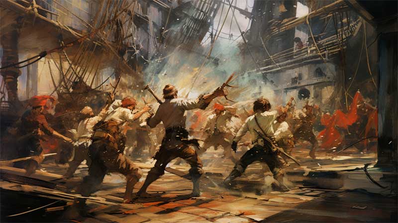 Combat au sabre entre pirates généré par l'IA midjourney, style Jean Giraud, auteur de Blueberry