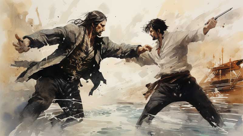 Combat au sabre entre pirates généré par l'IA midjourney, style Jean Van Hamme, auteur de Thorgal