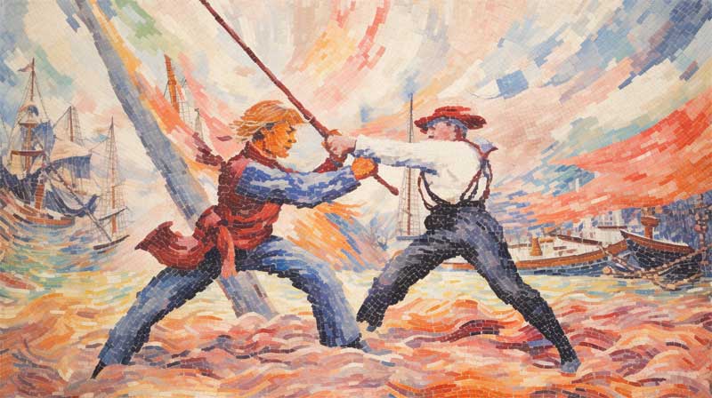 Combat au sabre entre pirates généré par l'IA midjourney, style pointillisme de Paul Signac
