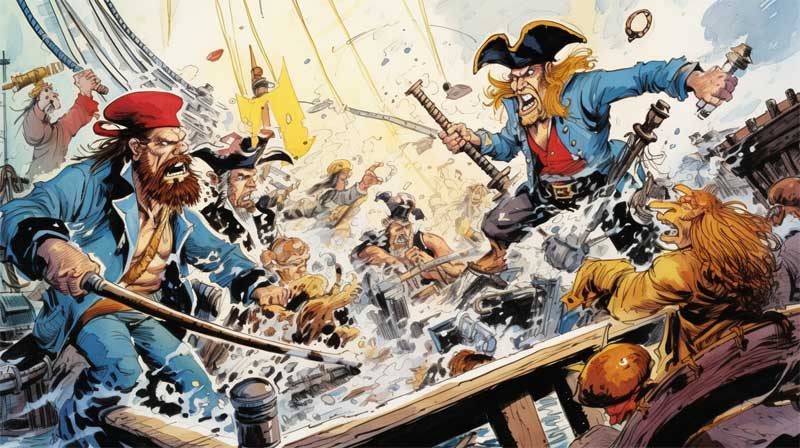 Combat au sabre entre pirates généré par l'IA midjourney, style Uderzo, auteur de Asterix