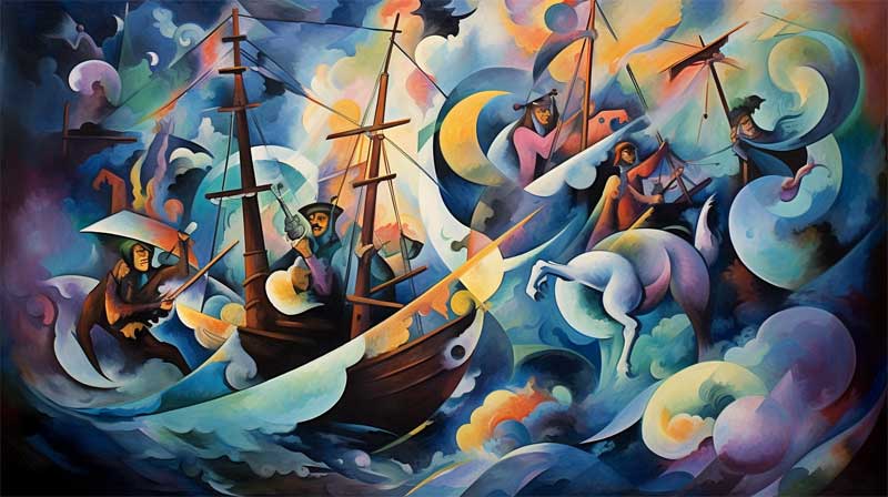 Combat au sabre entre pirates généré par l'IA midjourney, style abstrait de Vassily Kandinsky