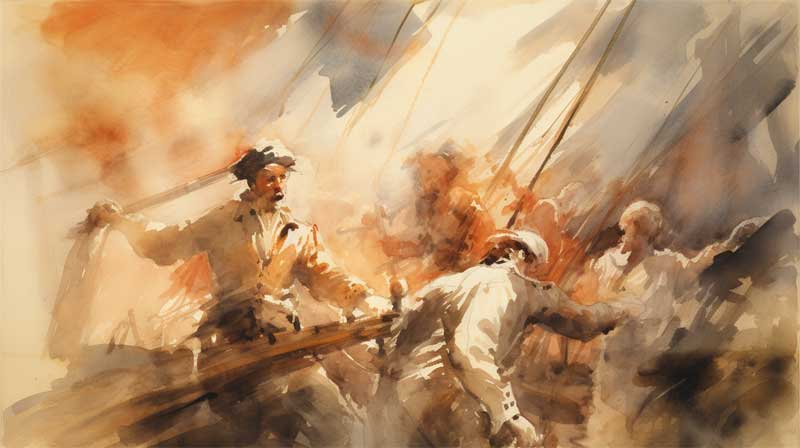 Combat au sabre entre pirates généré par l'IA midjourney, style romantisme de William Turner