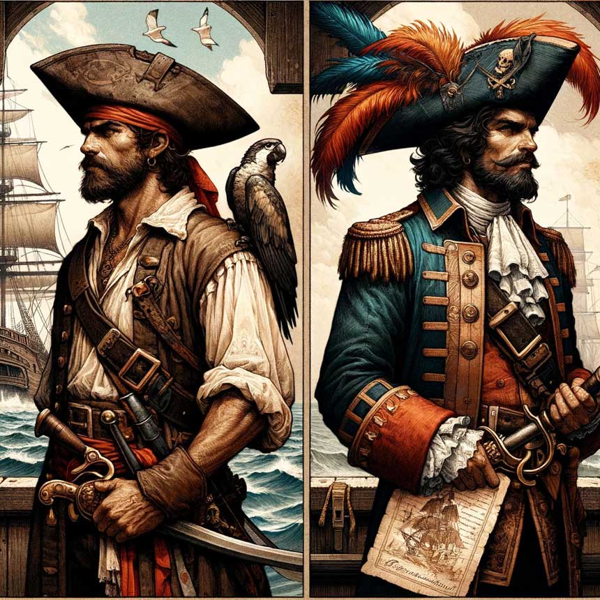 Les différences entre les pirates et les corsaires : habits, lois, objectifs, activités, relations sociales, perception, expertise maritime
