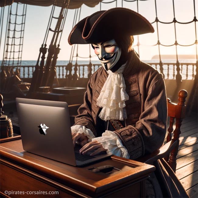 Un hacker informatique Anonymous sur son galion de pirate
