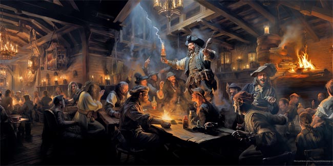 Des pirates qui font la fête dans une vieille taverne