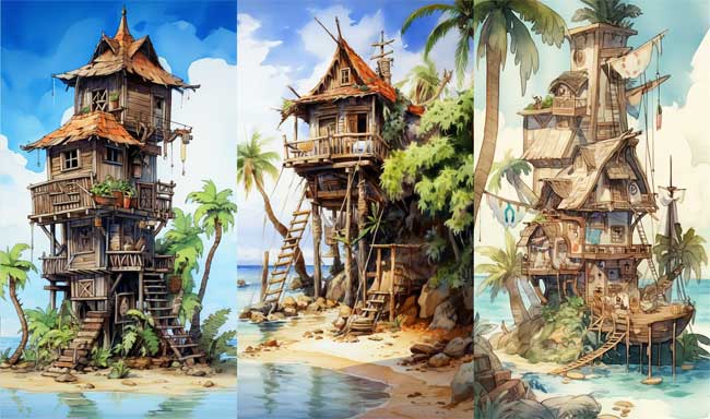 Vieilles cabanes de pirates cres avec l'IA Midjourney