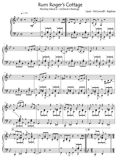 La partition de la musique de Rum Roger's Cottage Monkey Island