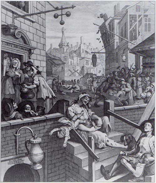 Gin Lane dans l'angleterre de 1751 - par William Hogarth Gravures anciennes, aquarelles et peintures sur le thme des pirates et corsaires