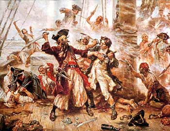 Le pirate Barbe-Noire et le lieutenant Maynard en duel à Ocracoke - peinture à l'huile de Jean Léon Gérome FERRIS (8 août 1863 - 18 mars 1930) Le Duel entre le pirate Barbe-Noire et le lieutenant Maynard à Ocracoke - peinture de Jean Léon Gérome FERRIS (8 août 1863 - 18 mars 1930)